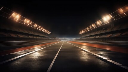 Asphalt racing track finis race sport stadium at night. Professional digital 3d illustration of racing sports. Generative AI - obrazy, fototapety, plakaty
