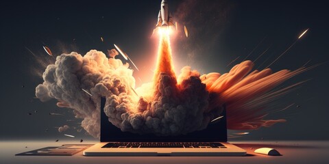 Spaceship bursting with flames and moving up from laptop launchpad