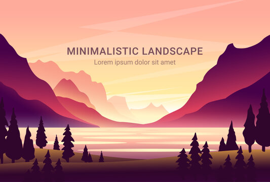 Minimalistic vector landscape with silhouettes of mountains and trees at sunset. Illustration for website or print. 