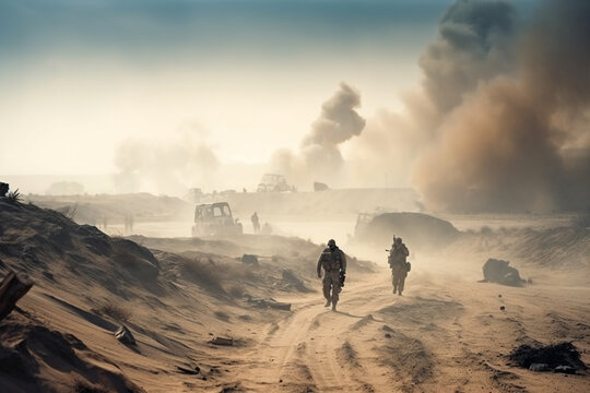military special forces soldiers crosses destroyed warzone through fire and smoke in the desert. generative ai
