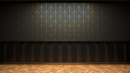 Interior in classic style. Wall panels in the interior. Dark interior with golden frames. Wallpaper with gold. Empty wall. 3D render.