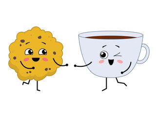 Cute happy characters - cup of tea and cookie. Best friends. Vector illustration isolated on white background