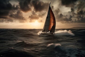 Fototapeta na wymiar catamaran racing across the ocean, with the adrenaline rush of high-speed sailing captured in the image 