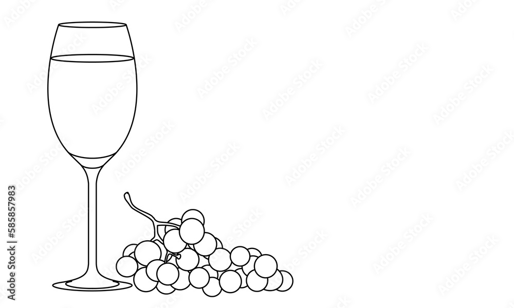 Wall mural Wine glass and grapes. Still life. Sketch. Line draw. Decor.