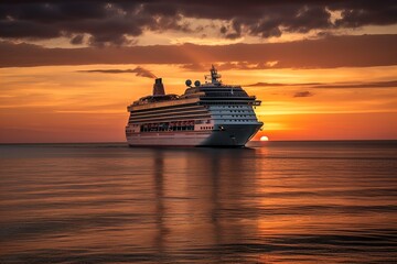 Fototapeta na wymiar cruise ship at sunset, with the vibrant orange and pink hues of the sky reflecting on the calm sea below 