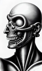 Portrait of a Biomechanical Cyborg, close up. Digital illustration. Generative AI.