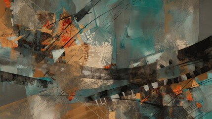Abstract background that features a dynamic composition of layered, overlapping textures, drawing from techniques such as printmaking, collage, and digital manipulation - Generative AI
