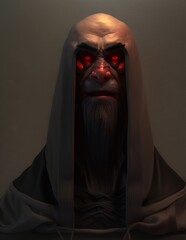 Evil looking man with a beard and red glowing eyes, wise old monk hooded over his head. Generative AI.