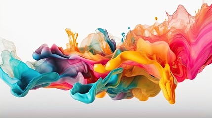 Abstract smudge liquid motion flow explosion. Curved wave colorful pattern with paint drops on white background - Generative AI