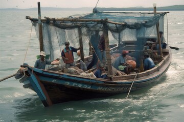 Fototapeta na wymiar fishing boat returning to port, with a haul of fresh catch being unloaded by fishermen 