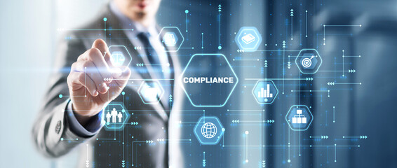 Businessman clicks Compliance Rules Law Business Technology concept
