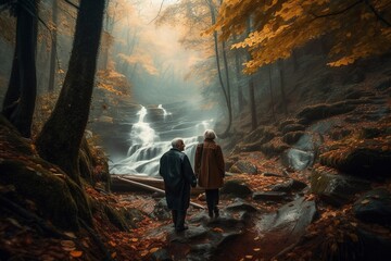 Forest Trail Adventure: Elderly Couple Setting Out on Hiking Trail, Generative AI