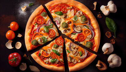 Top View Tasty and Delicious Colorful Full Pizza Slice On a Dark and Moody Backdrop AI Generative