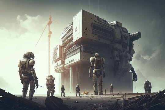 androids carrying out construction work on a futuristic building, created with generative ai