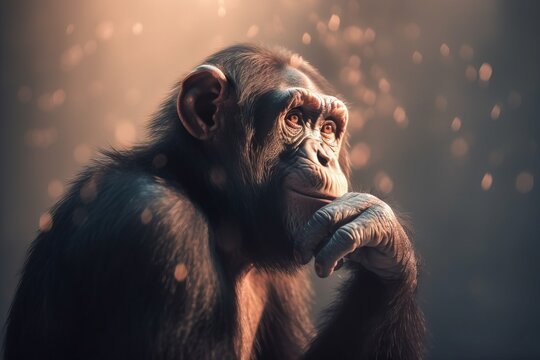  a chimpan standing in front of a dark background holding his hand to his face with his right hand on his chin and his left hand.  generative ai