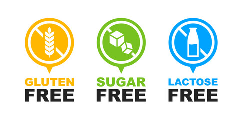 Sugar free, Lactose free, Gluten free - allergen free label set. Natural product and organic food badges. Healthy food signs. Vector illustration.