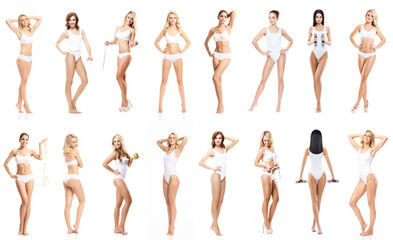 Fototapeta premium Young, fit, happy and beautiful blond woman in white swimsuit isolated on white background - set collection. Healthcare, diet, sport and fitness.