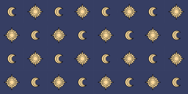 Background template with sun and moon. Star and crescent. Symbol, sign, icon, silhouette, tattoo. Isolated vector illustration. Retro style.