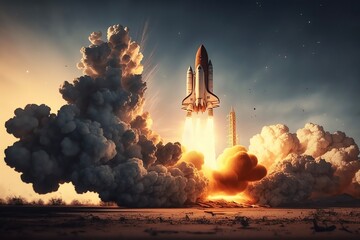 Rocket launch. Rocket starts into space concept. Spaceship takes off. Generative AI - obrazy, fototapety, plakaty