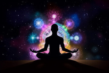 Human meditate in the glowing cosmic universe with activating all seven chakras. Generative AI