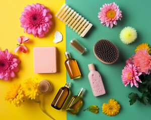 Vibrant flat lay showcases a variety of beauty and grooming products amidst bright pink and yellow flowers. Breaks into the background, highlighting brushes, bottles and floral elements.AI