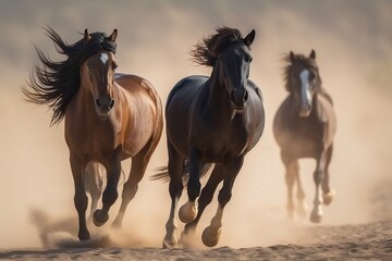 Fototapeta na wymiar Wild Running Gallop Horses on a Sand Desert