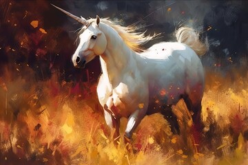 Naklejka na ściany i meble magical unicorn, prancing through a meadow with its horn glittering in the sunlight 