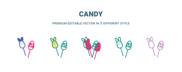 candy icon in 5 different style. Outline, filled, two color, thin candy icon isolated on white background. Editable vector can be used web and mobile