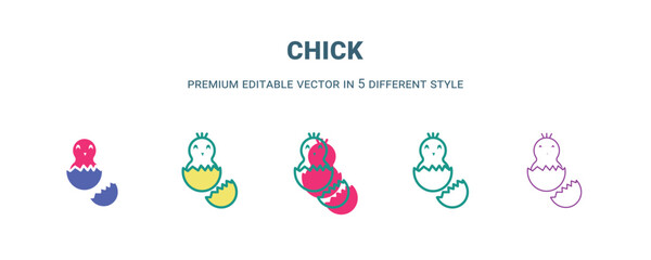 chick icon in 5 different style. Outline, filled, two color, thin chick icon isolated on white background. Editable vector can be used web and mobile
