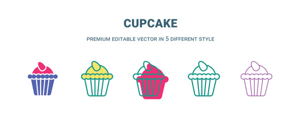 cupcake icon in 5 different style. Outline, filled, two color, thin cupcake icon isolated on white background. Editable vector can be used web and mobile
