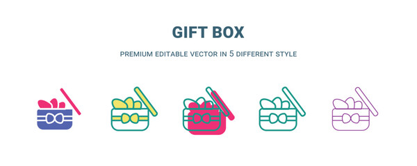gift box icon in 5 different style. Outline, filled, two color, thin gift box icon isolated on white background. Editable vector can be used web and mobile