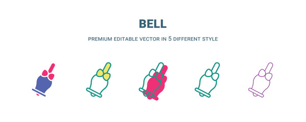 bell icon in 5 different style. Outline, filled, two color, thin bell icon isolated on white background. Editable vector can be used web and mobile