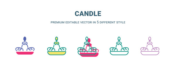 candle icon in 5 different style. Outline, filled, two color, thin candle icon isolated on white background. Editable vector can be used web and mobile