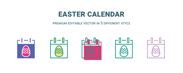 easter calendar icon in 5 different style. Outline, filled, two color, thin easter calendar icon isolated on white background. Editable vector can be used web and mobile