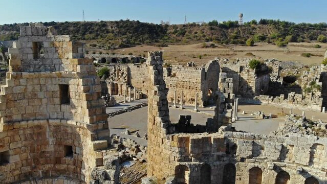 Drone view of the ancient city and historical monuments of Antalya Perge