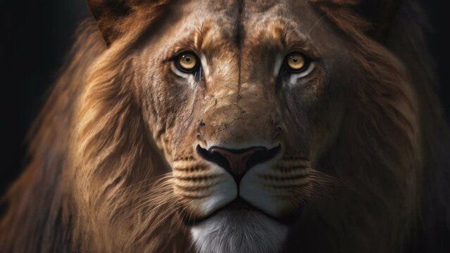 The big face of the brown color lion with lots of hair on the side of the face AI generated