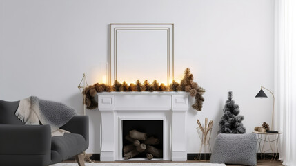 A modern home Christmas decoration design, with a large wall art frame blank mockup with white background, simple and elegant, christmas decoration for home with fireplace, AI generated