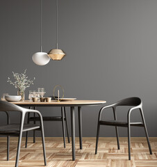Interior of modern dining room, dining table and wooden chairs against black wall. 3d rendering