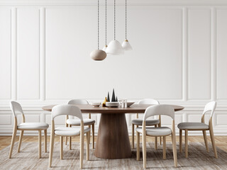 Interior of modern dining room, dining table and white chairs in room with paneling wall. Home design. 3d rendering