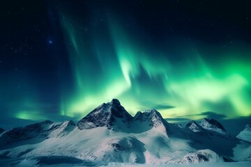 Fototapeta na wymiar Winter Mountains with Aurora Lights. Blue Sky Background with copy-space. Generative AI
