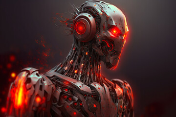 The concept of a Artificial intelligent Robot, a red glow in the Head, Realistic, Hyper detailed