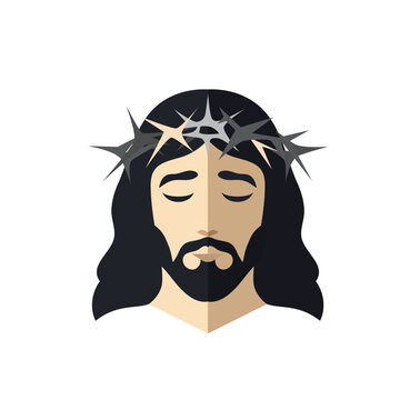face of Jesus Christ with crown of thorns, flat design isolated. Vector illustration