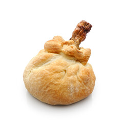 Fried chicken drumstick baked in yeast dough bag isolated on white background