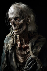 Portrait of a half rotten male zombie with grey skin, isolated on dark background. Wallpaper, poster and coverdesign. Generative Ai