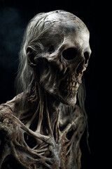 Portrait of a almost rotten male zombie with grey skin, isolated on dark background. Wallpaper, poster and coverdesign. Generative Ai