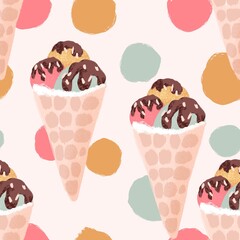 Hand drawn seamless pattern of ice cream in cup bowl, retro vintage style. Pink mint yellow round shape with chocolate, sweet tasty summer holiday food, fun design for colorful beach art.