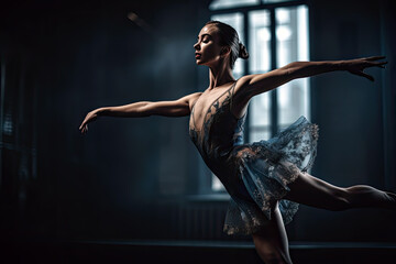AI Generative Illustration of a classical ballet dancer moving her body and dress gracefully inside a ballroom next to a large window