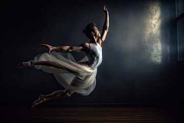 Fototapeta na wymiar AI Generative Illustration of a male classical ballet dancer gracefully dancing on a ballet floor