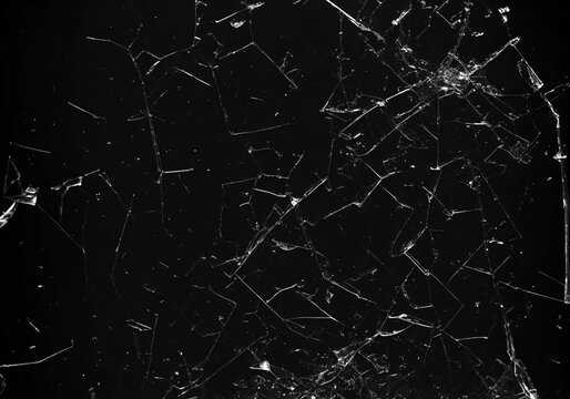 A badly broken glass on a dark surface, many sharp irregular shards. Useful texture overlay. Generative AI.
