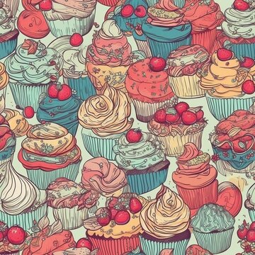 Painted cupcakes seamless pattern, created with generative AI